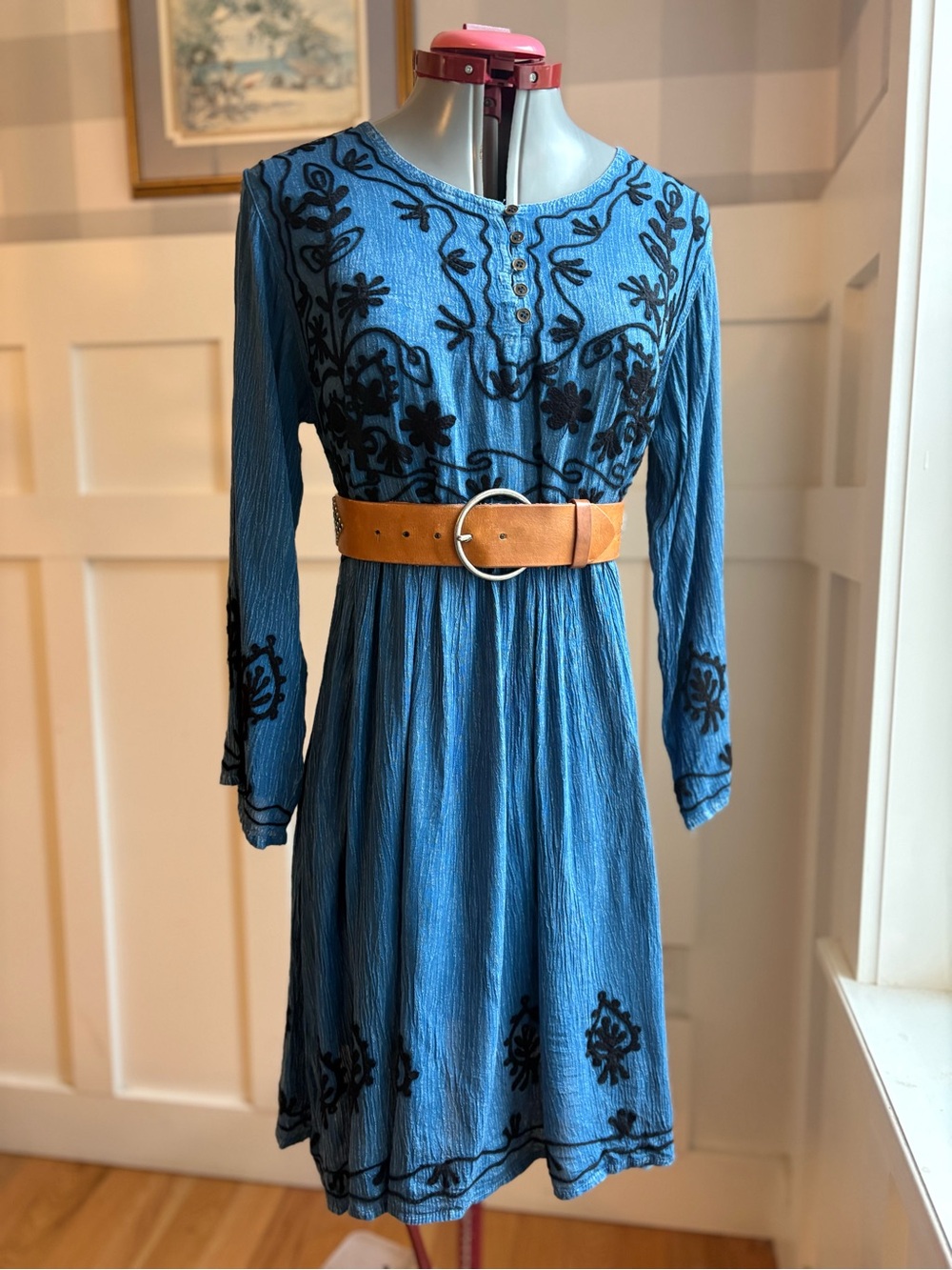 Boho Blue Embroidered Long-Sleeve Summer Beach Dress Medium